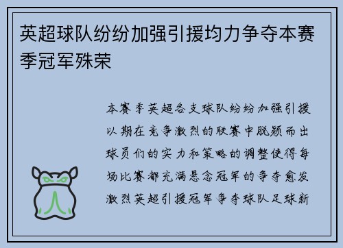 英超球队纷纷加强引援均力争夺本赛季冠军殊荣